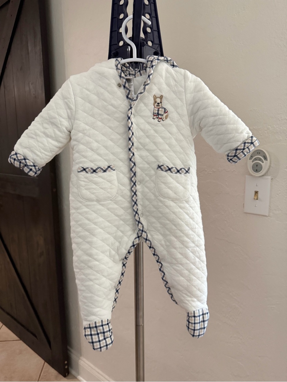 Little Me Cream and Navy Plaid Quilted Baby Footed pram